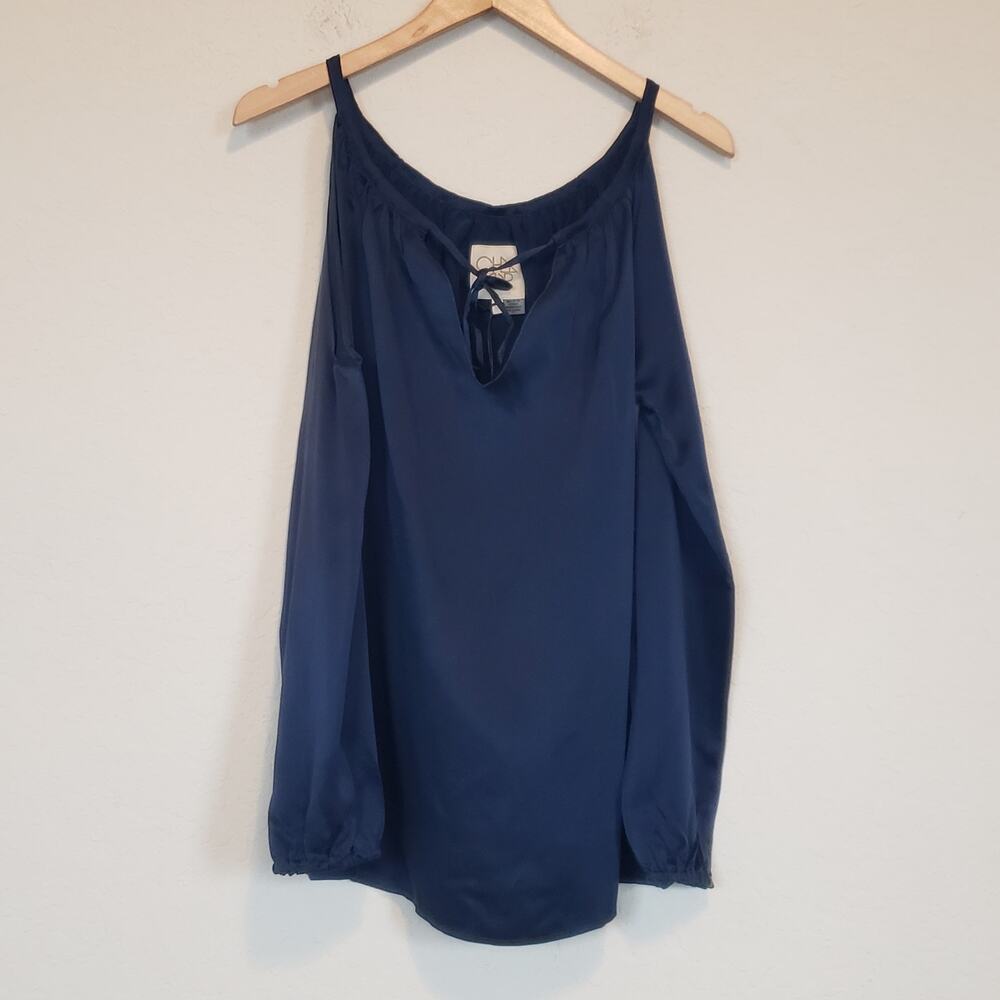 Chaser Revolve Navy Blue Silk Cold Shoulder Top Womens Medium Office Out Neutral